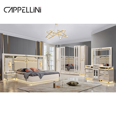 Luxury Cuadro de madera de tamaño real de cuero de la habitación de la habitación conjuntos de doble hogar de la reina de la madera moderna conjunto de muebles de dormitorio completo