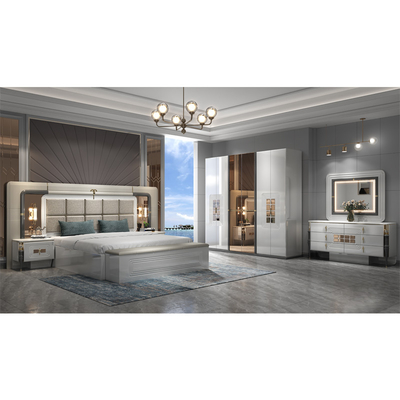 Cuadro de madera moderno de alta calidad cama de tamaño real cama de madera iluminada cabeza de cama habitación principal lujo conjunto de muebles de dormitorio completo