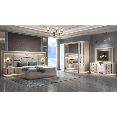 Cuadro de madera de lujo moderno, cama doble de tamaño king, villa, casa, habitación principal, cuadro de madera de madera, con muebles completos.