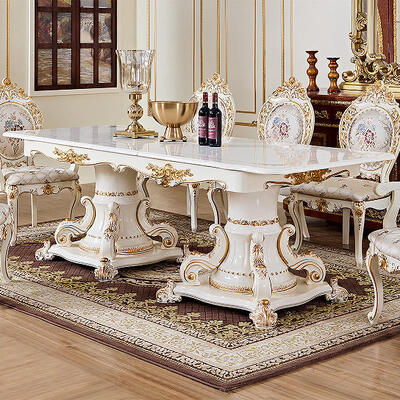 Comedor de madera de lujo de la realeza francesa, con mesa de comedor de madera blanca, con 6 asientos, sillas, sillas, sillas, sillas, sillas, sillas, sillas, sillas, sillas, sillas, sillas, sillas, sillas, sillas, sillas.