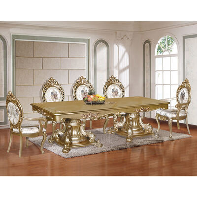 Mesa de comedor de lujo de madera de oro clásico Conjunto de 6 asientos sillas de estilo europeo Antiguo hogar Gran conjunto de comedor de madera Muebles