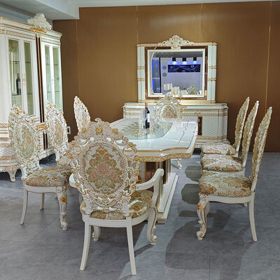 Juego de mesa de comedor de madera de lujo real estilo europeo con 8 sillas, muebles para el hogar, comedor, mesa de comedor grande de madera clásica