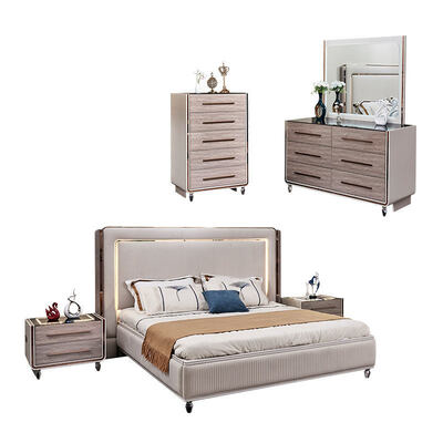 King Size Led Headboard Luxury Leather Bedroom Sets Cuadro de madera Cuarto de casa moderno Doble Muebles completos para dormitorio