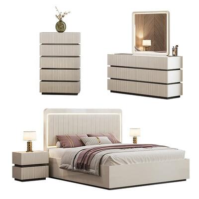 Modern Luxury King Size Set de dormitorio cama doble Led Headboard Hotel Hogar Master Room Completo conjunto de muebles de dormitorio de madera