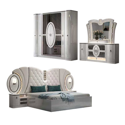 Precio a granel, conjunto de muebles de dormitorio de lujo moderno, marco de cama tamaño king, habitación principal, juegos completos de dormitorio turco con luces Led