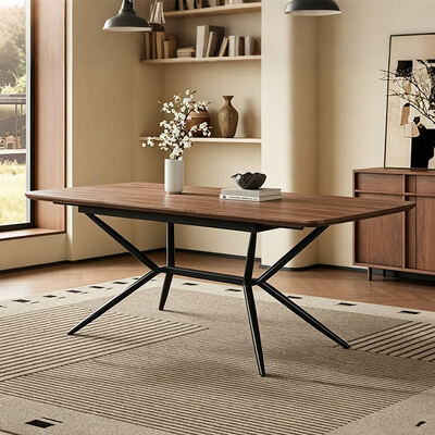Venta al por mayor, mesa de comedor rectangular minimalista, muebles de comedor, mesa de cocina con marco de Metal, mesa de comedor moderna de madera con borde vivo