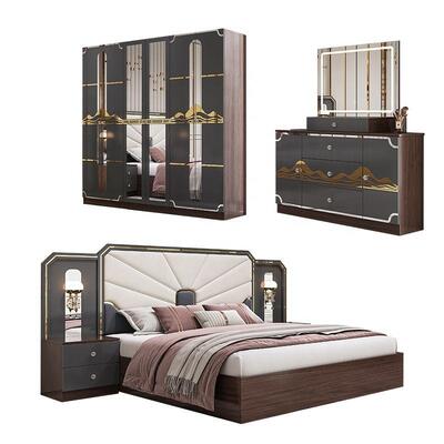 Muebles de dormitorio de lujo moderno Conjunto de marco de madera de alto brillo Gris King Size Cama Sala principal Suite Muebles de dormitorio turco
