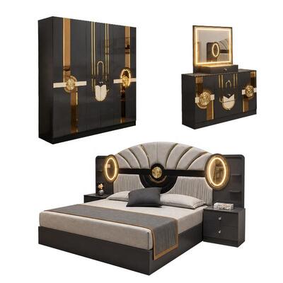 Juego Completo de Dormitorio de Lujo Real Turco Tamaño King, Suite de Dormitorio con Cabecero Iluminado, Marco de Madera, Juego de Muebles de Dormitorio Moderno