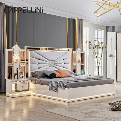 Luxo Real Moderno Marco de Madera Dormitorio doble King Size Cabeza de cuero Casa clásica Reina Muebles de madera de dormitorio completo