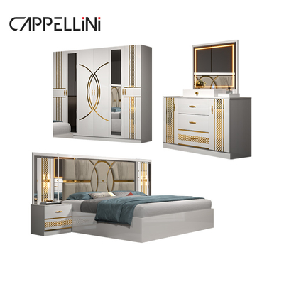 Venta al por mayor Precio barato Luxo Madera King Size Cama de cuero Doble Master Room Casa Luxo Completo Mdf Muebles de dormitorio