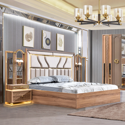 Estilo turco de lujo Cuadro de madera de tamaño King Set de cama Led Headboard Moderno clásico Full Home Muebles de dormitorio de madera