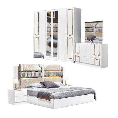 Cuadro de madera blanco de alto brillo cama doble suite de lujo tamaño rey diseño moderno Mdf conjunto completo muebles de dormitorio
