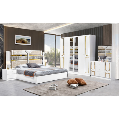 Cuadro de madera blanco de alto brillo cama doble suite de lujo tamaño rey diseño moderno Mdf conjunto completo muebles de dormitorio