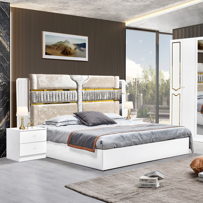 Cuadro de madera blanco de alto brillo cama doble suite de lujo tamaño rey diseño moderno Mdf conjunto completo muebles de dormitorio