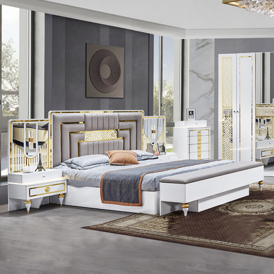 Venta al por mayor de alta calidad de madera de marco moderno cama doble hogar master habitación tamaño rey lujo conjunto de muebles de dormitorio turco