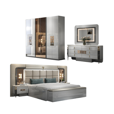 Cuadro de madera moderno de alta calidad cama de tamaño real cama de madera iluminada cabeza de cama habitación principal lujo conjunto de muebles de dormitorio completo