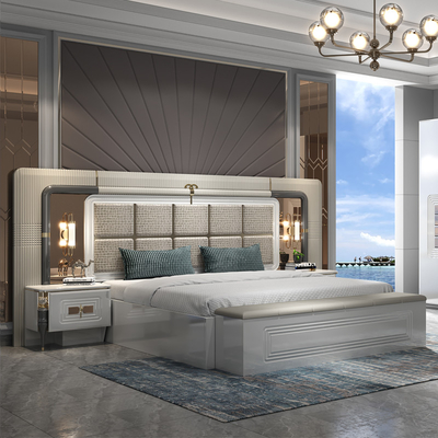 Cuadro de madera moderno de alta calidad cama de tamaño real cama de madera iluminada cabeza de cama habitación principal lujo conjunto de muebles de dormitorio completo