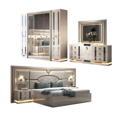 Cuadro de madera de lujo moderno, cama doble de tamaño king, villa, casa, habitación principal, cuadro de madera de madera, con muebles completos.