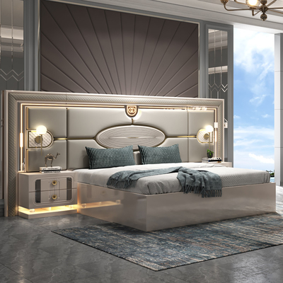 Cuadro de madera de lujo moderno, cama doble de tamaño king, villa, casa, habitación principal, cuadro de madera de madera, con muebles completos.