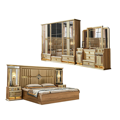 Cama de tamaño real de madera de oro moderno habitación doble villa hogar real completo de madera de lujo muebles de dormitorio