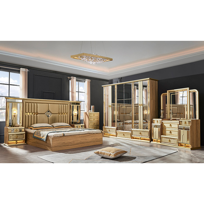 Cama de tamaño real de madera de oro moderno habitación doble villa hogar real completo de madera de lujo muebles de dormitorio