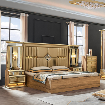 Cama de tamaño real de madera de oro moderno habitación doble villa hogar real completo de madera de lujo muebles de dormitorio