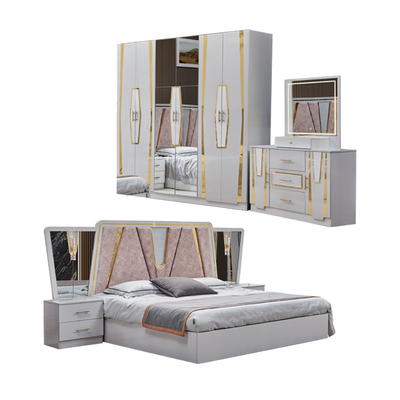 Foshan mayorista marco de madera doble cuero King Size habitación suite hogar de madera reina completa barato moderno lujo conjunto de muebles de dormitorio