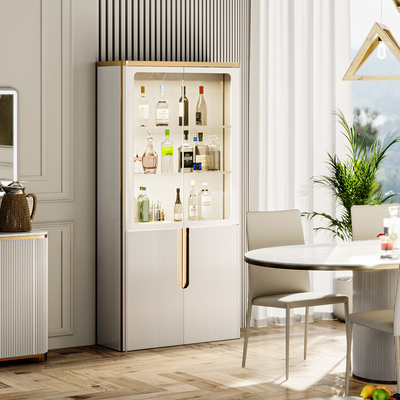 Diseño sencillo Display de vidrio blanco Estante de vinos Muebles de comedor de lujo moderno Salón de estar de madera Bar de casa Gabinete de vinos