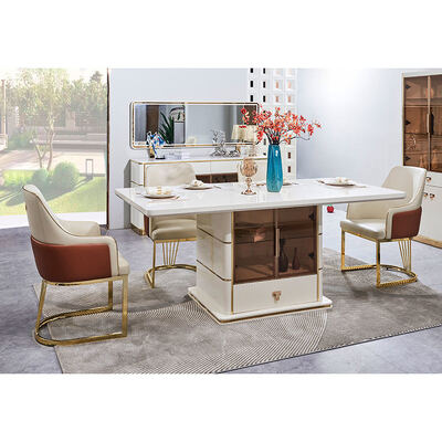 Juego de mesa de comedor de lujo moderno blanco de 6 plazas, muebles de comedor de madera, juego completo de mesa de comedor con estructura de madera para el hogar y 4 sillas