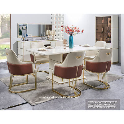 Juego de mesa de comedor de lujo moderno blanco de 6 plazas, muebles de comedor de madera, juego completo de mesa de comedor con estructura de madera para el hogar y 4 sillas