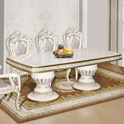 Juego de mesa de comedor de madera clásica antigua blanca con 6 sillas, estilo europeo, madera grande, lujo, hogar, juegos de comedor, muebles