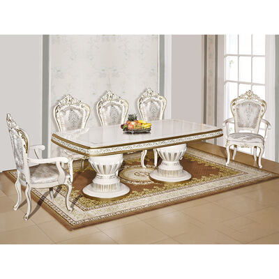 Juego de mesa de comedor de madera clásica antigua blanca con 6 sillas, estilo europeo, madera grande, lujo, hogar, juegos de comedor, muebles
