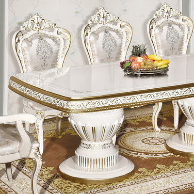 Juego de mesa de comedor de madera clásica antigua blanca con 6 sillas, estilo europeo, madera grande, lujo, hogar, juegos de comedor, muebles