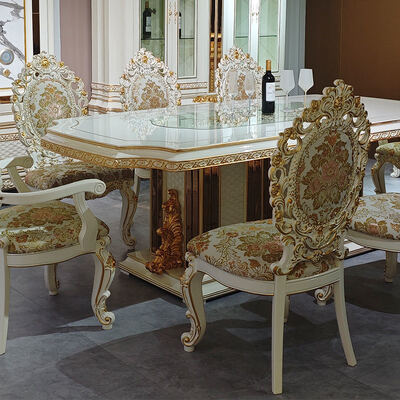 Juego de mesa de comedor de madera de lujo real estilo europeo con 8 sillas, muebles para el hogar, comedor, mesa de comedor grande de madera clásica
