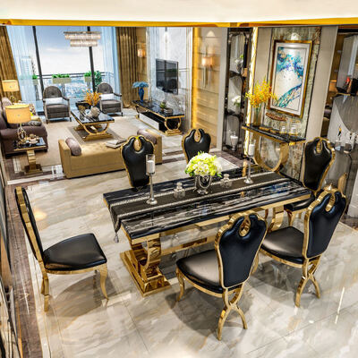 Mesa de comedor de madera de lujo de estilo real europeo de estilo real turco Mesa de comedor de lujo de estilo real de metal y sillas Conjunto de 6 asientos Furniet 8 asientos sillas para el hogar Muebles Sala de comedor Mesa de comedor de madera clásica grande