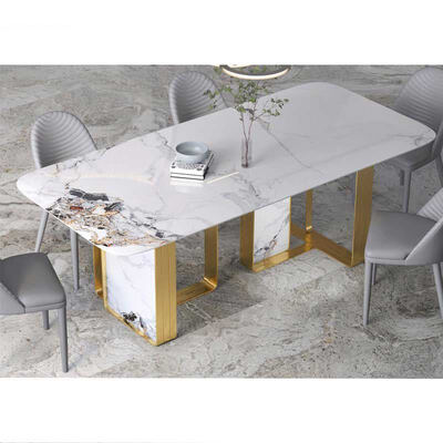 Juego de mesa y sillas de comedor de metal moderno de diseño italiano, muebles para el hogar, comedor, mesa de comedor de lujo de mármol y pizarra
