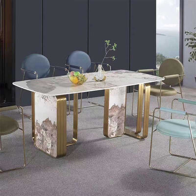 Juego de mesa y sillas de comedor de metal moderno de diseño italiano, muebles para el hogar, comedor, mesa de comedor de lujo de mármol y pizarra