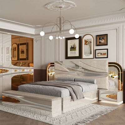 Juegos de dormitorio completos de lujo modernos al por mayor, cama doble de madera, habitación turca, marco de madera real, juego completo de muebles para el dormitorio del hogar