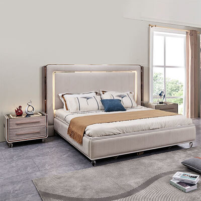 King Size Led Headboard Luxury Leather Bedroom Sets Cuadro de madera Cuarto de casa moderno Doble Muebles completos para dormitorio