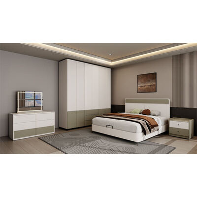 King Size habitación principal completa en madera clásica con almacenamiento, acogedor minimalista lujoso mobiliario de dormitorio moderno