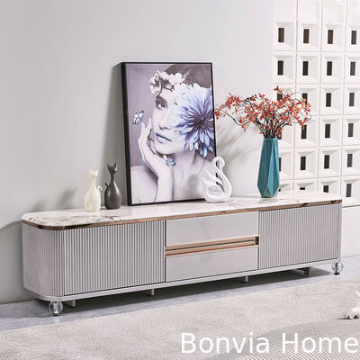 Mueble de TV de lujo de diseño moderno en madera, mueble para el hogar, cajón de almacenamiento, tapa de mármol y pizarra, mueble de TV largo y grande para sala de estar