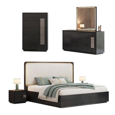 Cama de tamaño minimalista cama de lujo conjunto de dormitorio hotel apartamento marco de madera muebles de dormitorio moderno conjunto con armario lateral