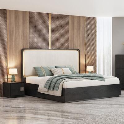 Cama de tamaño minimalista cama de lujo conjunto de dormitorio hotel apartamento marco de madera muebles de dormitorio moderno conjunto con armario lateral