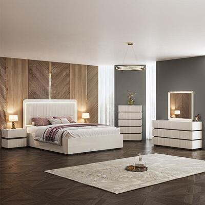 Modern Luxury King Size Set de dormitorio cama doble Led Headboard Hotel Hogar Master Room Completo conjunto de muebles de dormitorio de madera