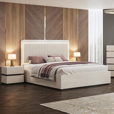 Modern Luxury King Size Set de dormitorio cama doble Led Headboard Hotel Hogar Master Room Completo conjunto de muebles de dormitorio de madera