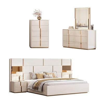 Nuevo diseño cama de lujo de tamaño real cama doble muebles de dormitorio moderno conjunto de habitación de madera conjuntos de dormitorio con mesa de vestir caja de cajones