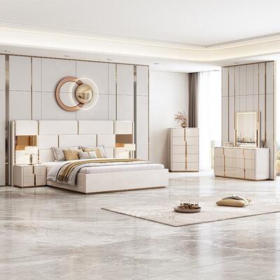 Nuevo diseño cama de lujo de tamaño real cama doble muebles de dormitorio moderno conjunto de habitación de madera conjuntos de dormitorio con mesa de vestir caja de cajones