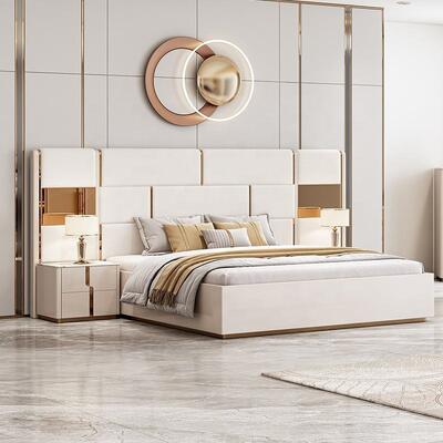 Nuevo diseño cama de lujo de tamaño real cama doble muebles de dormitorio moderno conjunto de habitación de madera conjuntos de dormitorio con mesa de vestir caja de cajones