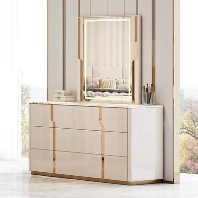 Nuevo diseño cama de lujo de tamaño real cama doble muebles de dormitorio moderno conjunto de habitación de madera conjuntos de dormitorio con mesa de vestir caja de cajones