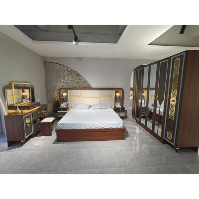 Foshan Wholesale Luxury Complete Bedroom Sets 5 Pieces King Size Bed Suite Marco de madera Muebles de dormitorio modernos turcos